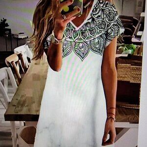 White with slight gray tie die, V neck knee length dress